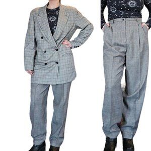 90s Medium‎ Womens Plaid Power Suit Set 8 10 Pleated Double Breasted Wool Rayon